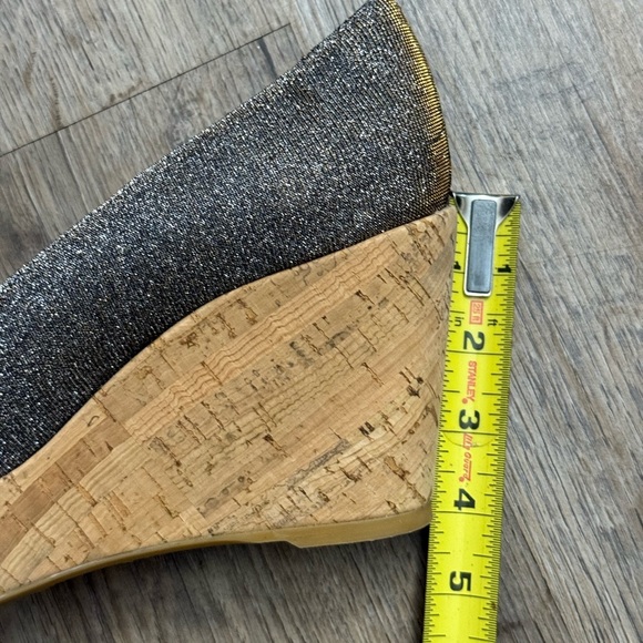 Stuart Weitzman • Anna Metallic Peep Toe Cork Platform Wedge Heels - Picture 4 of 15